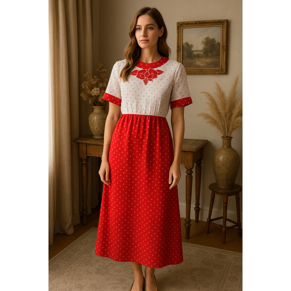 Red & White Prairie Midi Dress with Rose Appliqué – Size M/L (Handmade)